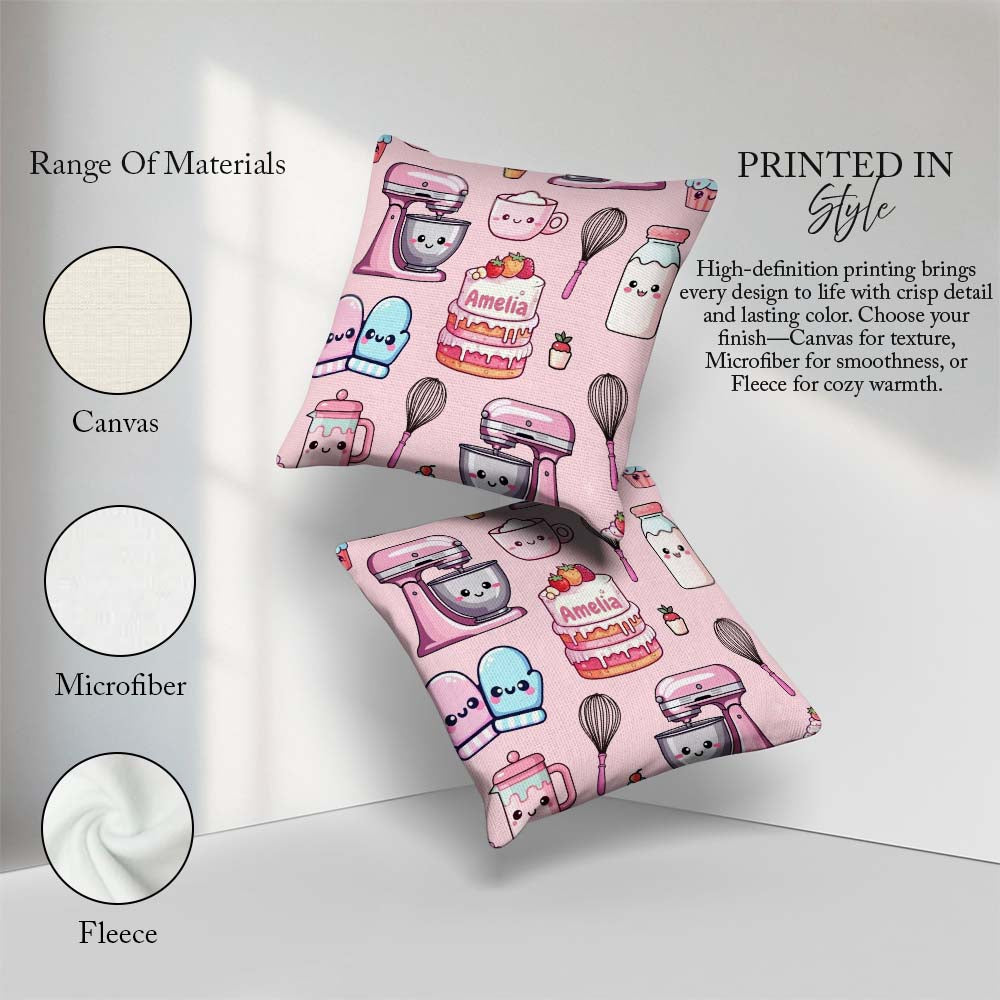Custom Name Kawaii Baking Cake Mixer Blush Seamless Pattern Name Square Filled Cushion Throw Pillow Sofa Bed Home Decor Zip Washable UK Made