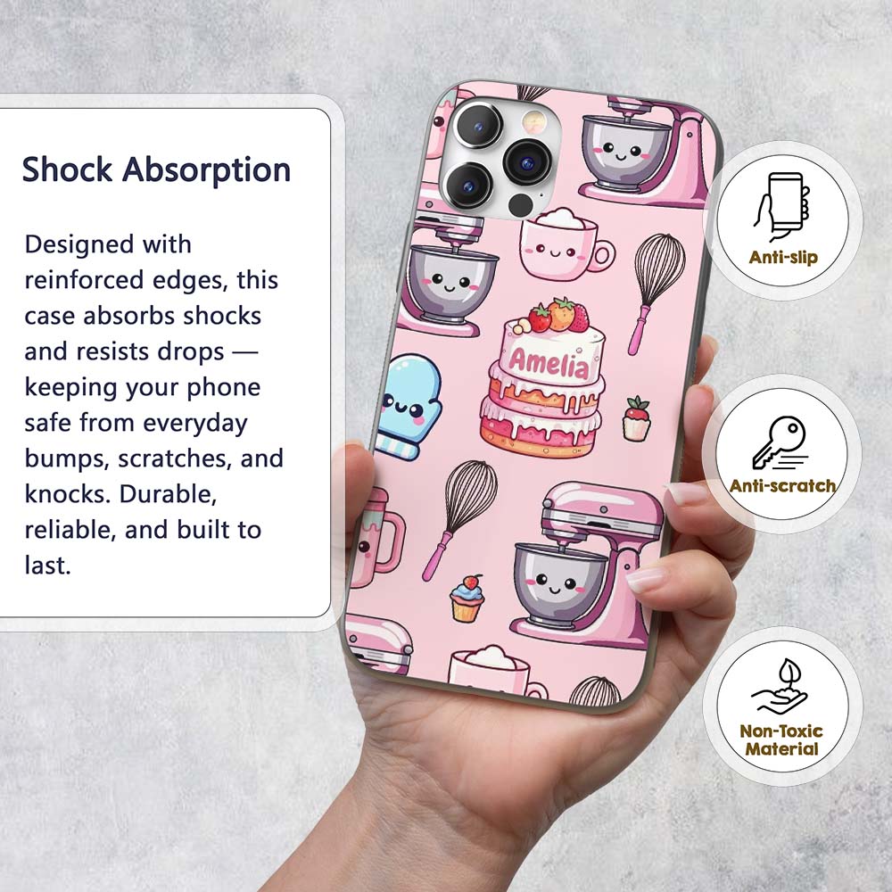 Cute Kawaii Baking Cake Mixer Blush Seamless Custom Name Protective Phone Case Mobile Cover Durable Everyday Smartphone Shock Resistant