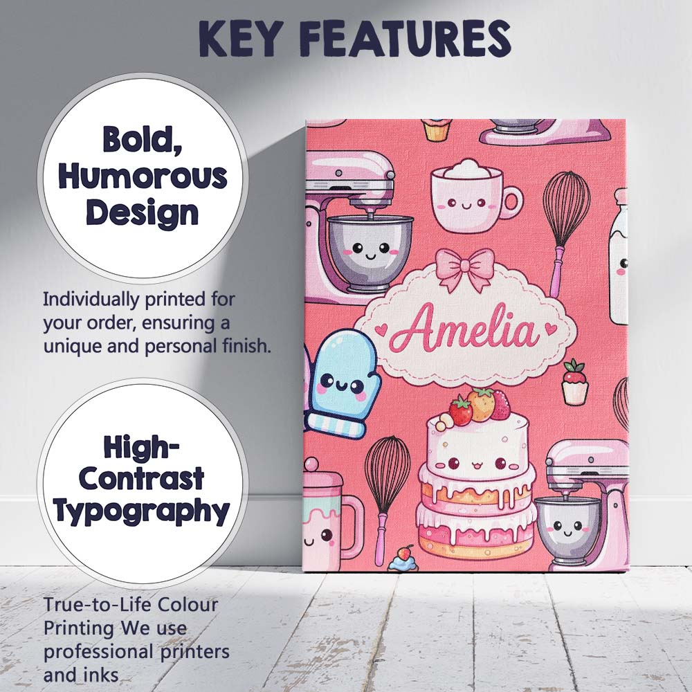 Personalised Name Cute Kawaii Baking Cake Custom Unique Gift Idea Elegant Feature Canvas Wall Art Print Decor Picture Ready to Hang