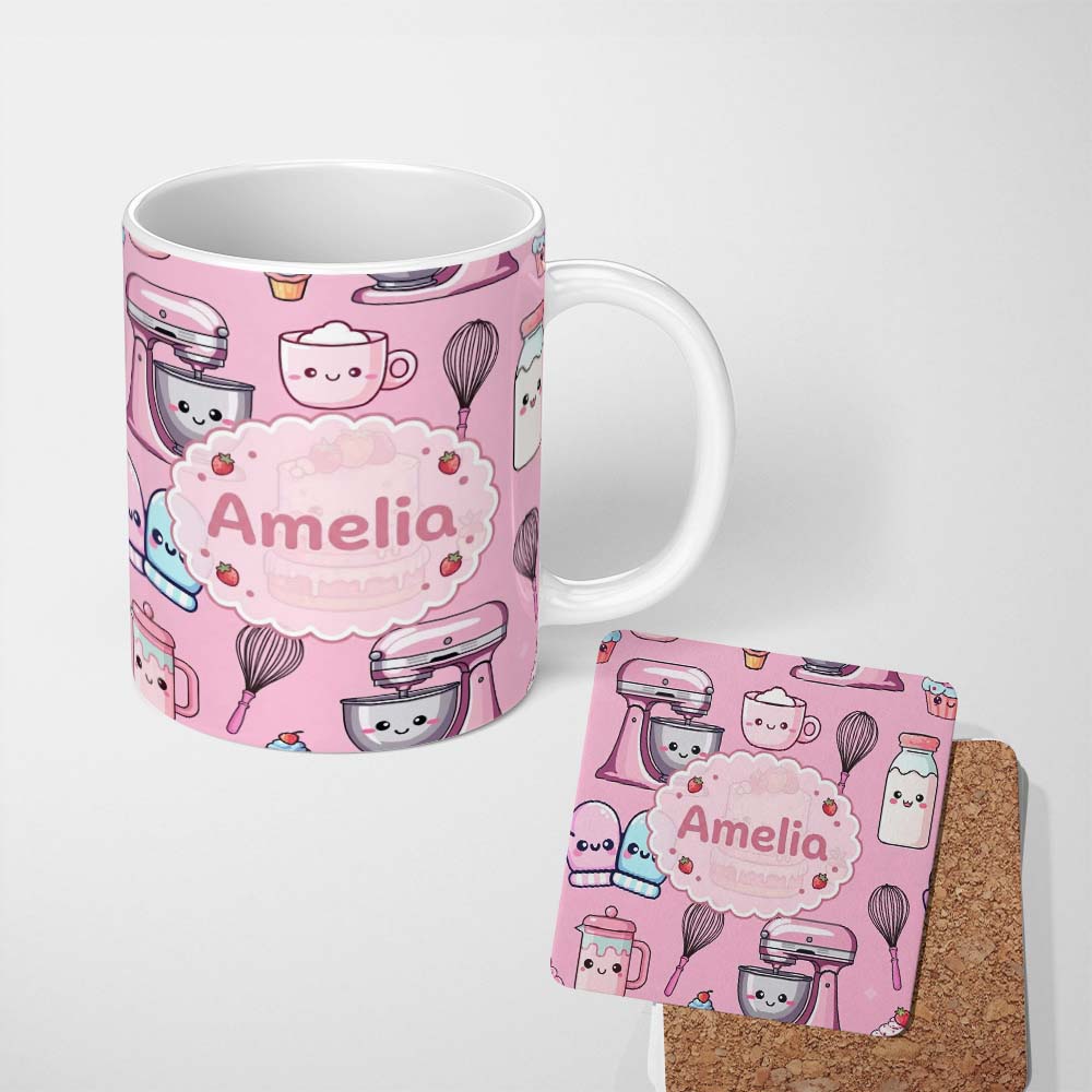 Personalized Custom Name Cute Kawaii Baking Cake Mixer Pink Seamless Pattern Name Unique Gift 11oz Ceramic Coffee Tea Mug White Large Handle