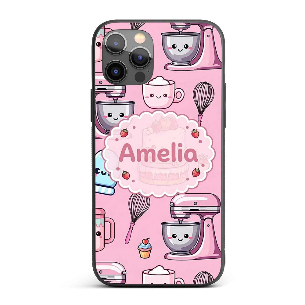 Cute Kawaii Baking Cake Mixer Pink Printed Design Custom Name Protective Phone Case Mobile Cover Durable Everyday Smartphone Shock Resistant