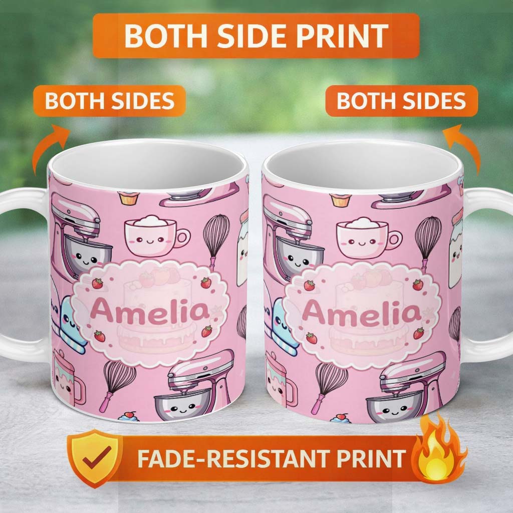 Personalized Custom Name Cute Kawaii Baking Cake Mixer Pink Seamless Pattern Name Unique Gift 11oz Ceramic Coffee Tea Mug White Large Handle