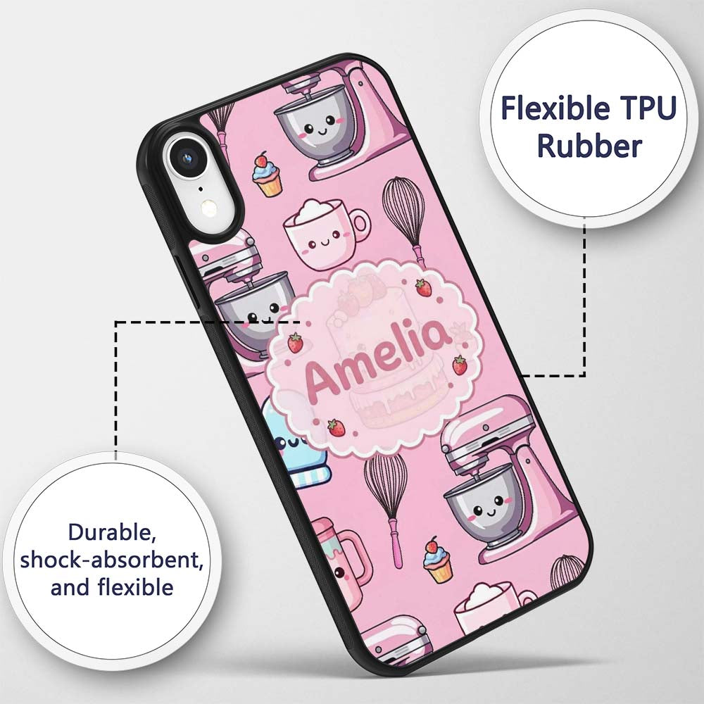 Cute Kawaii Baking Cake Mixer Pink Printed Design Custom Name Protective Phone Case Mobile Cover Durable Everyday Smartphone Shock Resistant