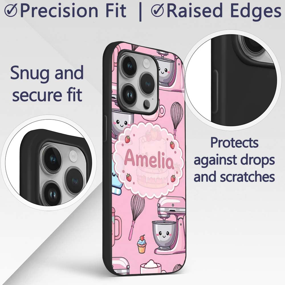 Cute Kawaii Baking Cake Mixer Pink Printed Design Custom Name Protective Phone Case Mobile Cover Durable Everyday Smartphone Shock Resistant