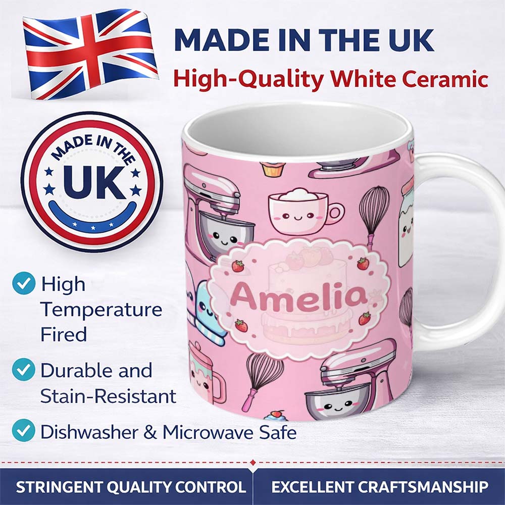 Personalized Custom Name Cute Kawaii Baking Cake Mixer Pink Seamless Pattern Name Unique Gift 11oz Ceramic Coffee Tea Mug White Large Handle
