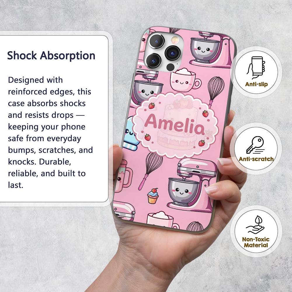 Cute Kawaii Baking Cake Mixer Pink Printed Design Custom Name Protective Phone Case Mobile Cover Durable Everyday Smartphone Shock Resistant