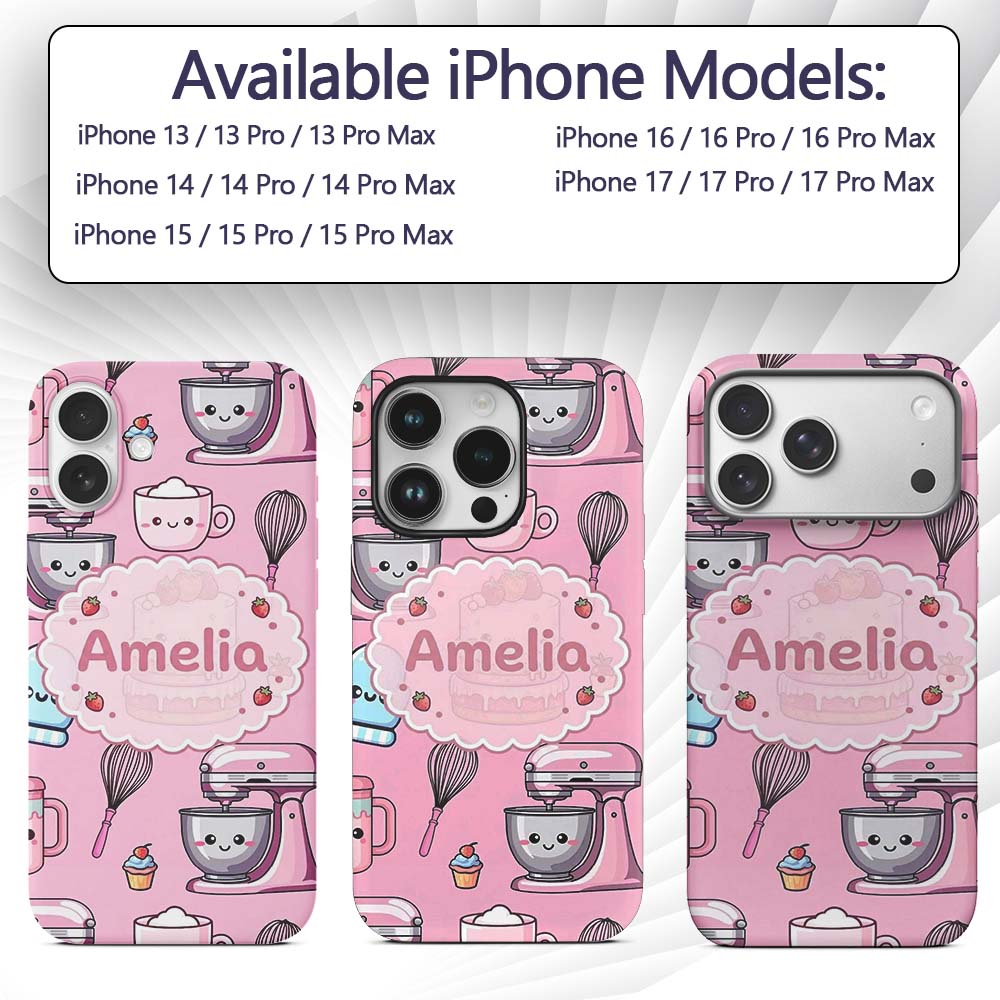 Cute Kawaii Baking Cake Mixer Pink Printed Design Custom Name Protective Phone Case Mobile Cover Durable Everyday Smartphone Shock Resistant