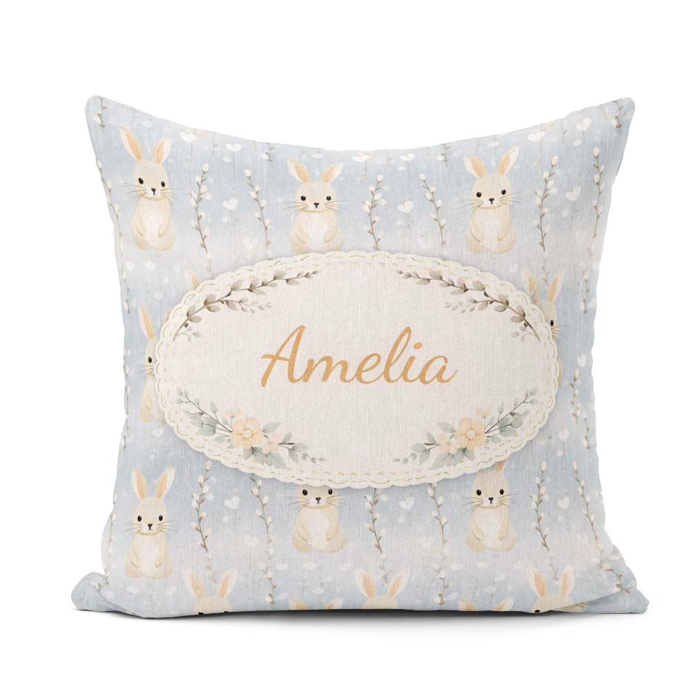 Custom Name Pastel Neutral Bunny Woodland Seamless Pattern for Square Filled Cushion Throw Pillow Sofa Bed Home Decor Zip Washable UK Made