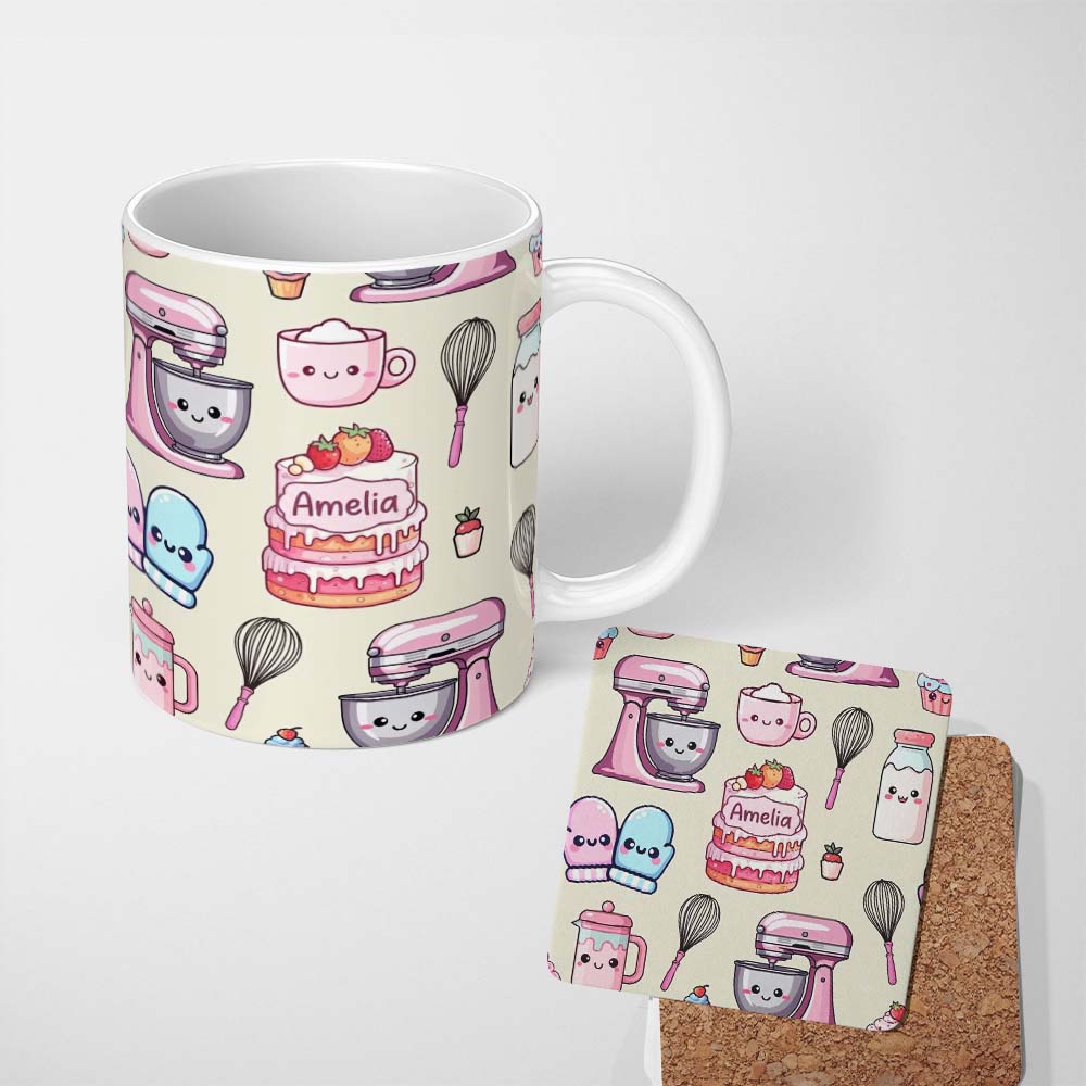 Personalized Custom Name Cute Kawaii Baking Cake Mixer Cream Seamless Pattern Name Unique 11oz Ceramic Coffee Tea Mug White Large Handle