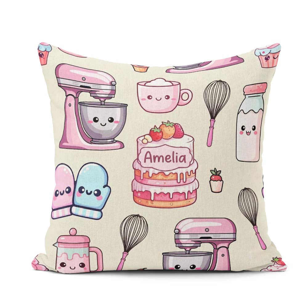 Custom Name Kawaii Baking Cake Mixer Cream Seamless Pattern Name Square Filled Cushion Throw Pillow Sofa Bed Home Decor Zip Washable UK Made