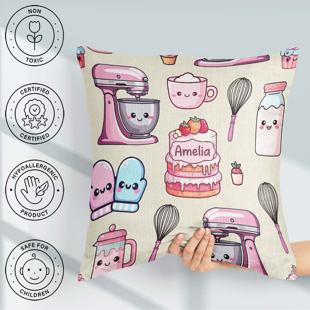 Custom Name Kawaii Baking Cake Mixer Cream Seamless Pattern Name Square Filled Cushion Throw Pillow Sofa Bed Home Decor Zip Washable UK Made