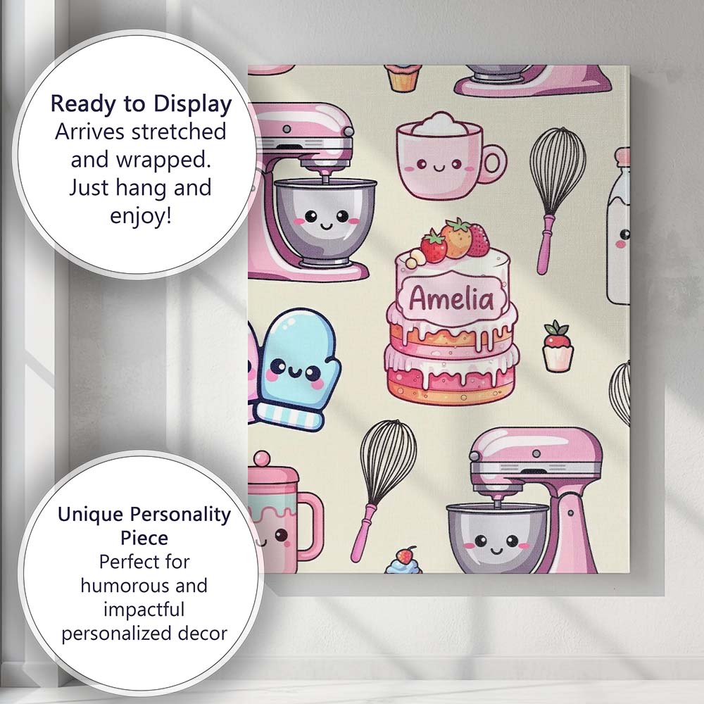 Personalised Name Cute Kawaii Baking Cake Custom Unique Gift Idea Elegant Feature Canvas Wall Art Print Decor Picture Ready to Hang