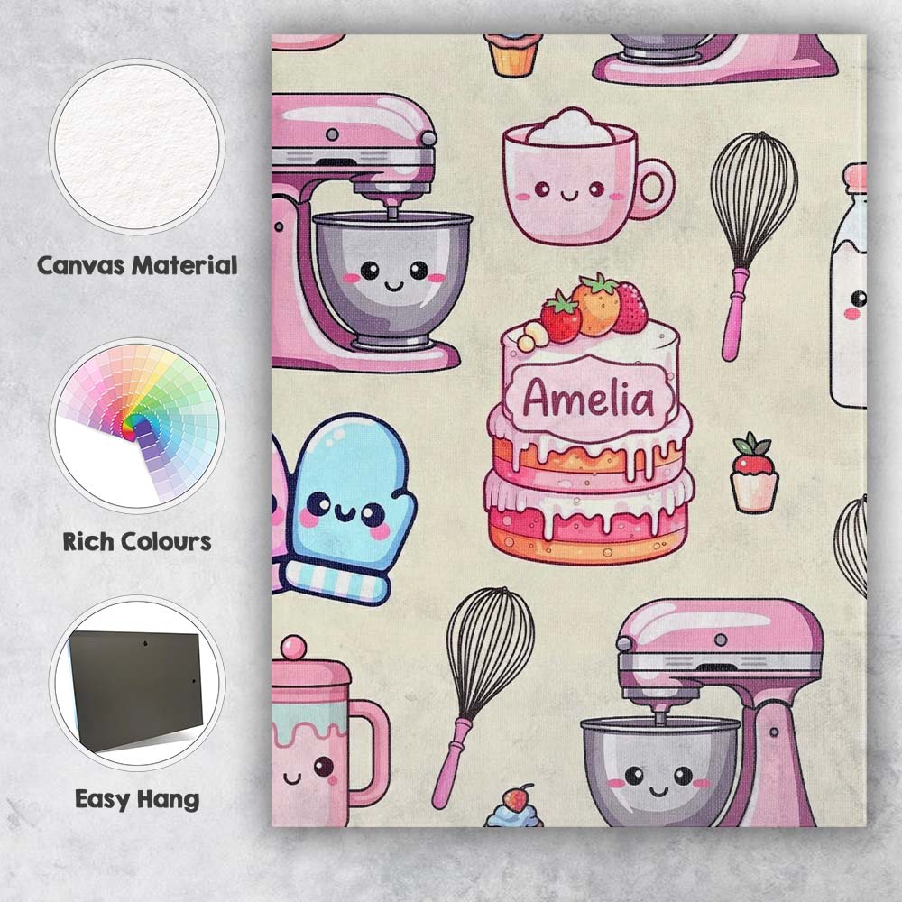 Personalised Name Cute Kawaii Baking Cake Custom Unique Gift Idea Elegant Feature Canvas Wall Art Print Decor Picture Ready to Hang