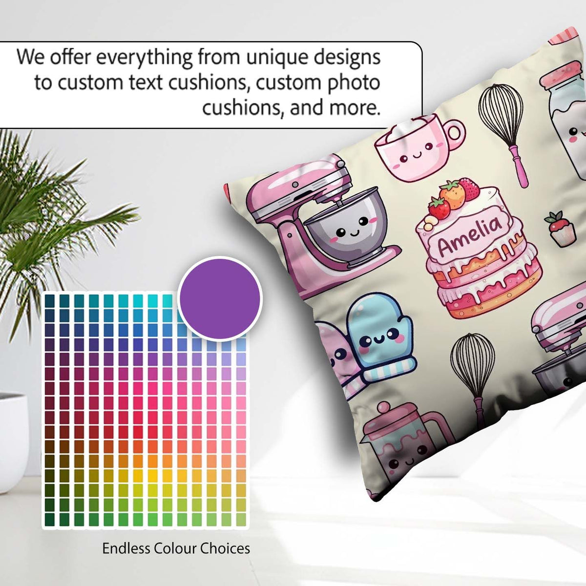 Custom Name Kawaii Baking Cake Mixer Cream Seamless Pattern Name Square Filled Cushion Throw Pillow Sofa Bed Home Decor Zip Washable UK Made