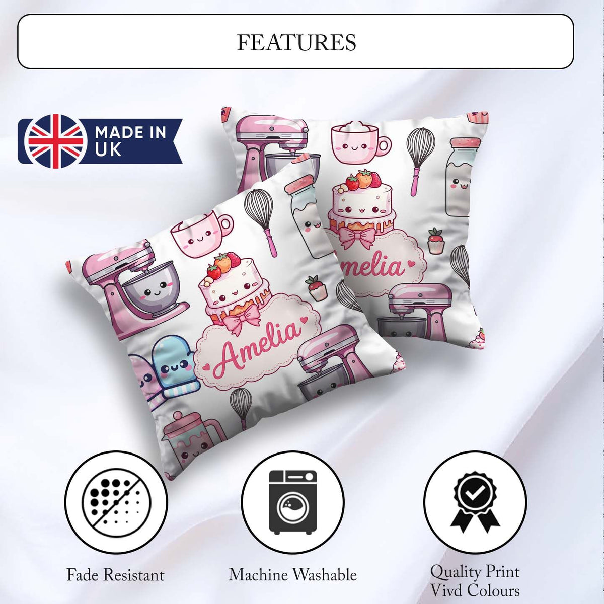 Custom Name Kawaii Baking Cake Mixer Grey Seamless Pattern Name Square Filled Cushion Throw Pillow Sofa Bed Home Decor Zip Washable UK Made