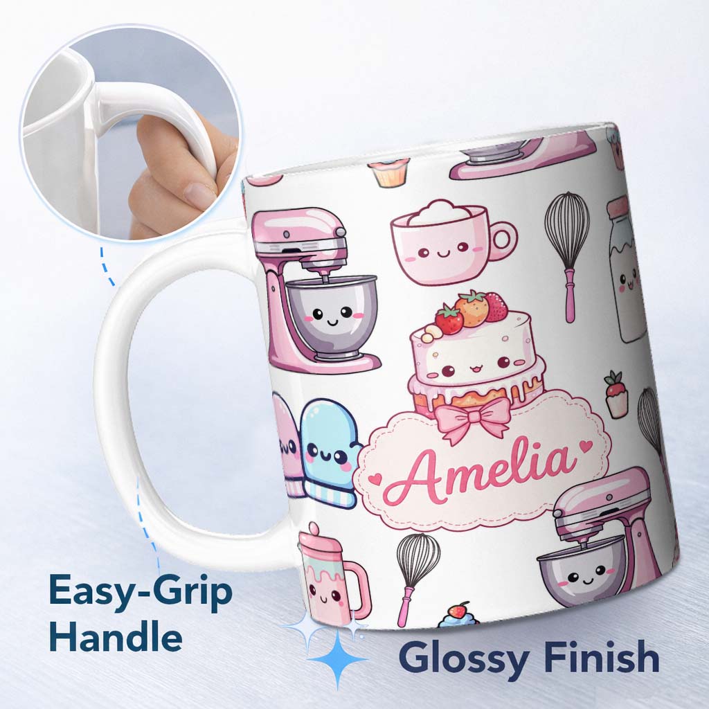 Personalized Custom Name Cute Kawaii Baking Cake Mixer Grey Seamless Pattern Name Unique Gift 11oz Ceramic Coffee Tea Mug White Large Handle