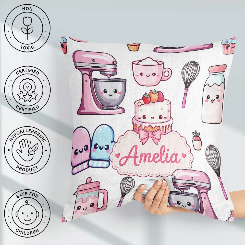 Custom Name Kawaii Baking Cake Mixer Grey Seamless Pattern Name Square Filled Cushion Throw Pillow Sofa Bed Home Decor Zip Washable UK Made