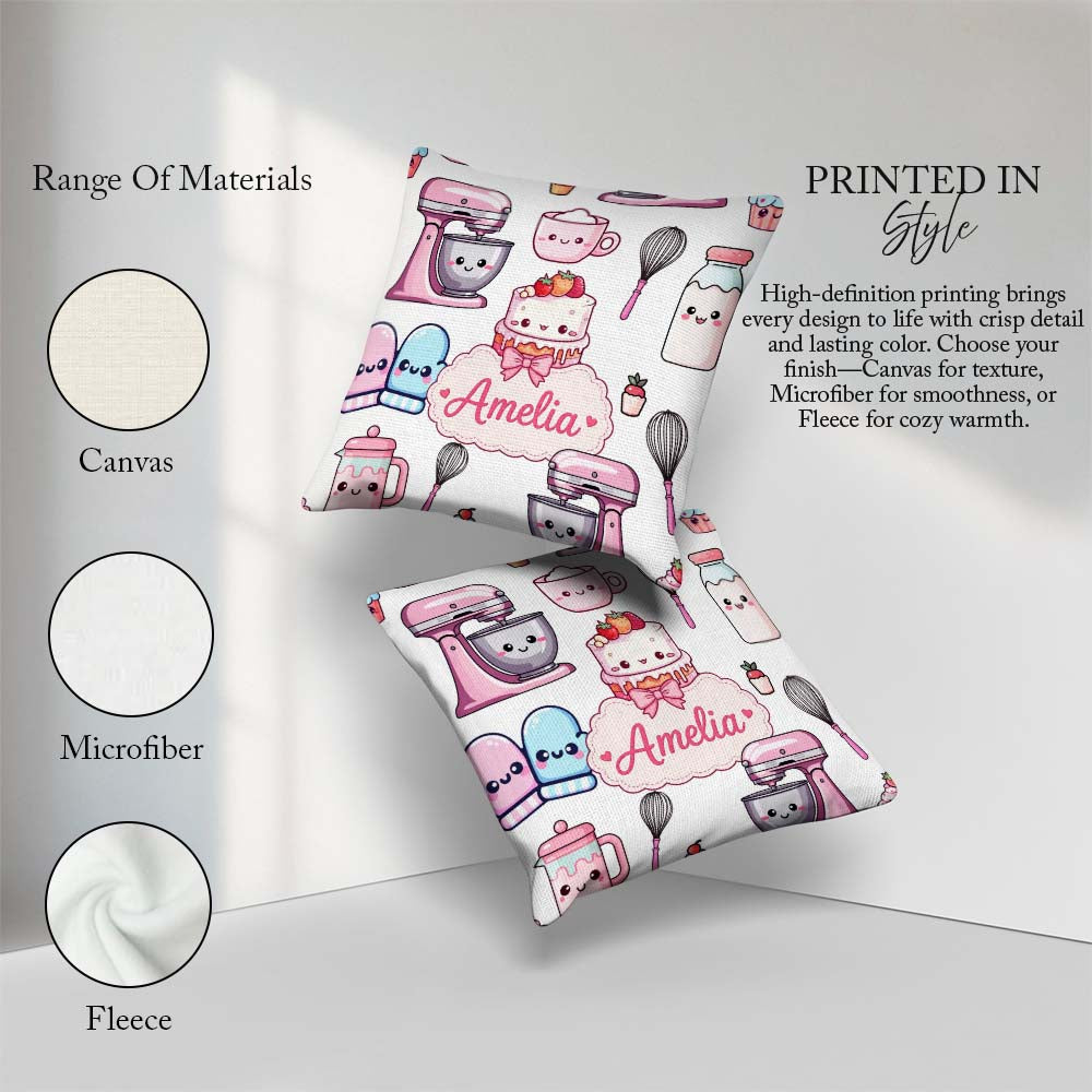 Custom Name Kawaii Baking Cake Mixer Grey Seamless Pattern Name Square Filled Cushion Throw Pillow Sofa Bed Home Decor Zip Washable UK Made