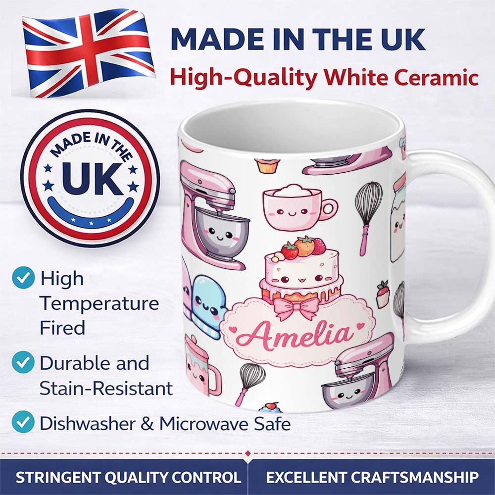 Personalized Custom Name Cute Kawaii Baking Cake Mixer Grey Seamless Pattern Name Unique Gift 11oz Ceramic Coffee Tea Mug White Large Handle