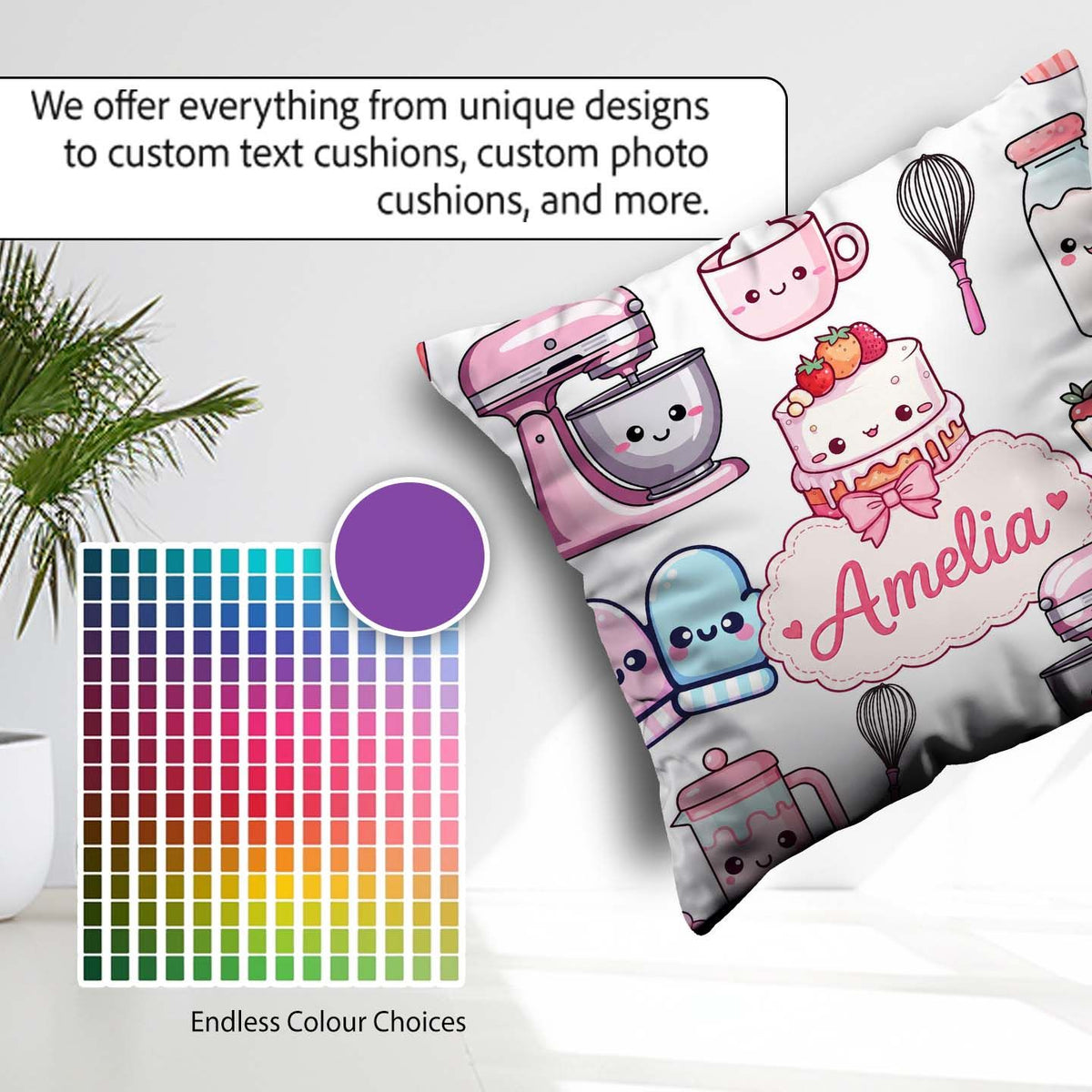 Custom Name Kawaii Baking Cake Mixer Grey Seamless Pattern Name Square Filled Cushion Throw Pillow Sofa Bed Home Decor Zip Washable UK Made