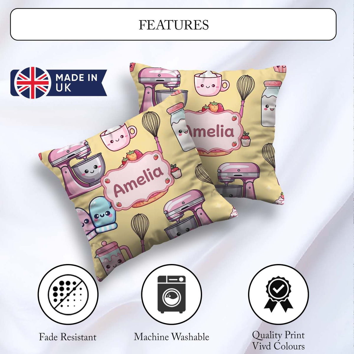 Custom Name Cute Kawaii Baking Cake Yellow Seamless Pattern Name Square Filled Cushion Throw Pillow Sofa Bed Home Decor Zip Washable UK Made