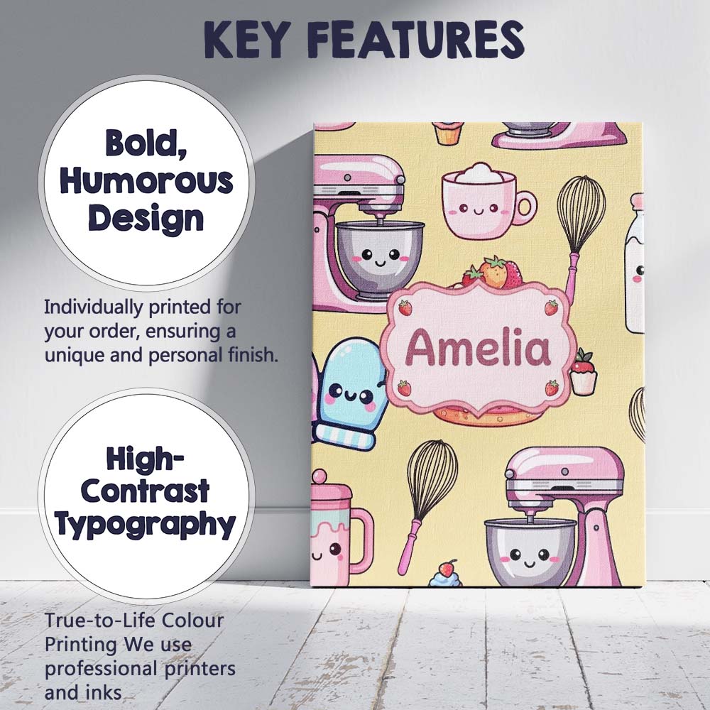 Personalised Name Cute Kawaii Baking Cake Custom Unique Gift Idea Elegant Feature Canvas Wall Art Print Decor Picture Ready to Hang