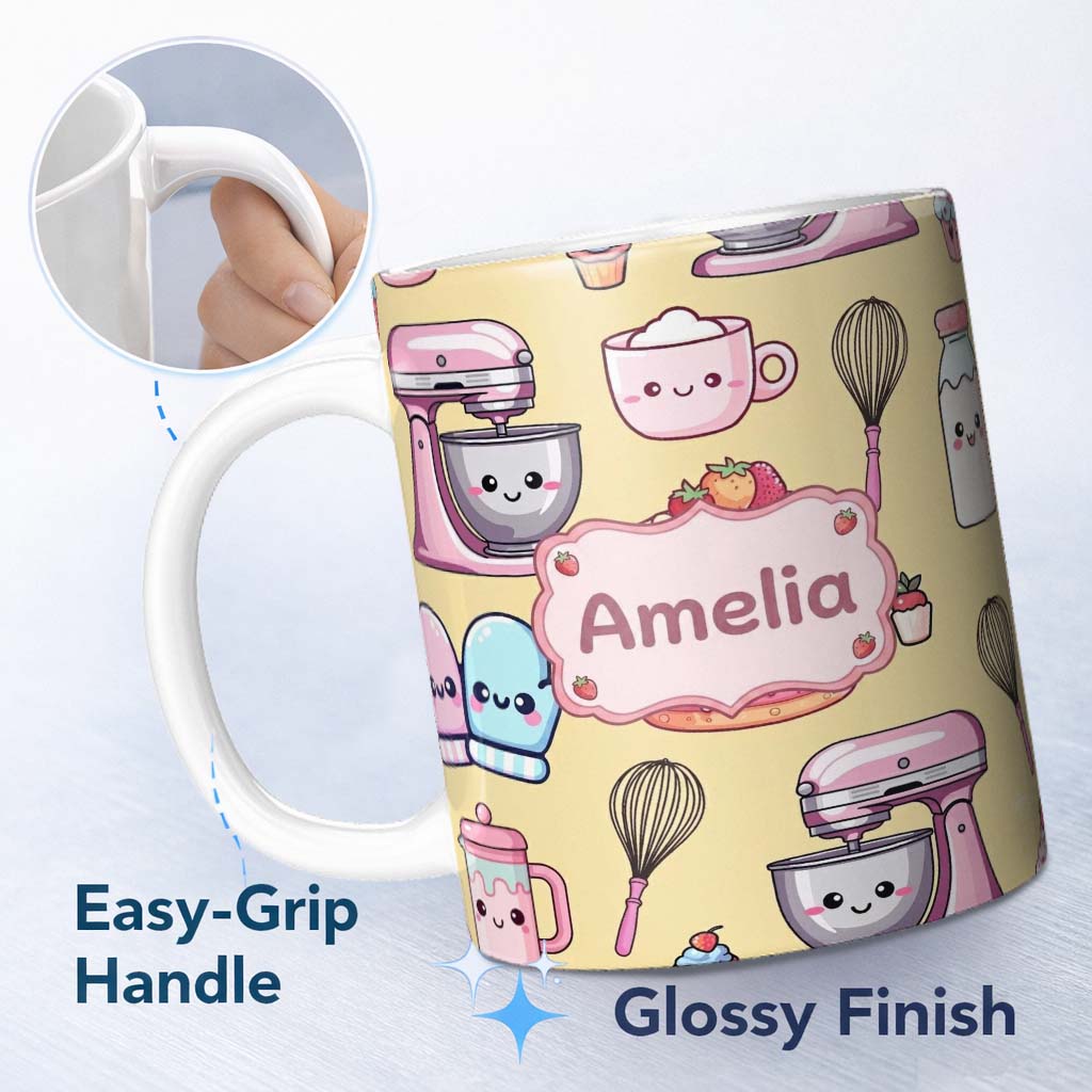 Personalized Custom Name Cute Kawaii Baking Cake Mixer Yellow Seamless Pattern Name Unique 11oz Ceramic Coffee Tea Mug White Large Handle