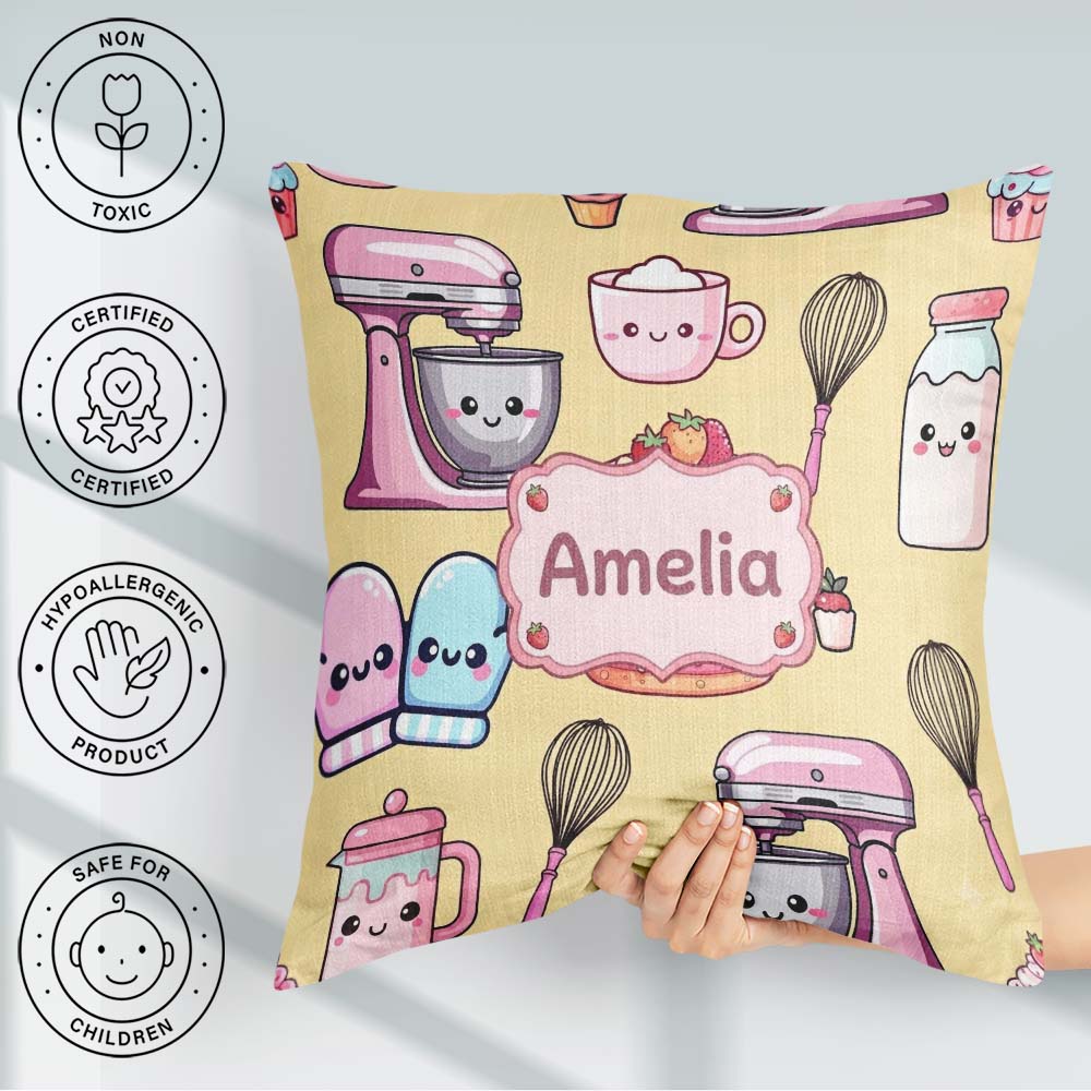Custom Name Cute Kawaii Baking Cake Yellow Seamless Pattern Name Square Filled Cushion Throw Pillow Sofa Bed Home Decor Zip Washable UK Made