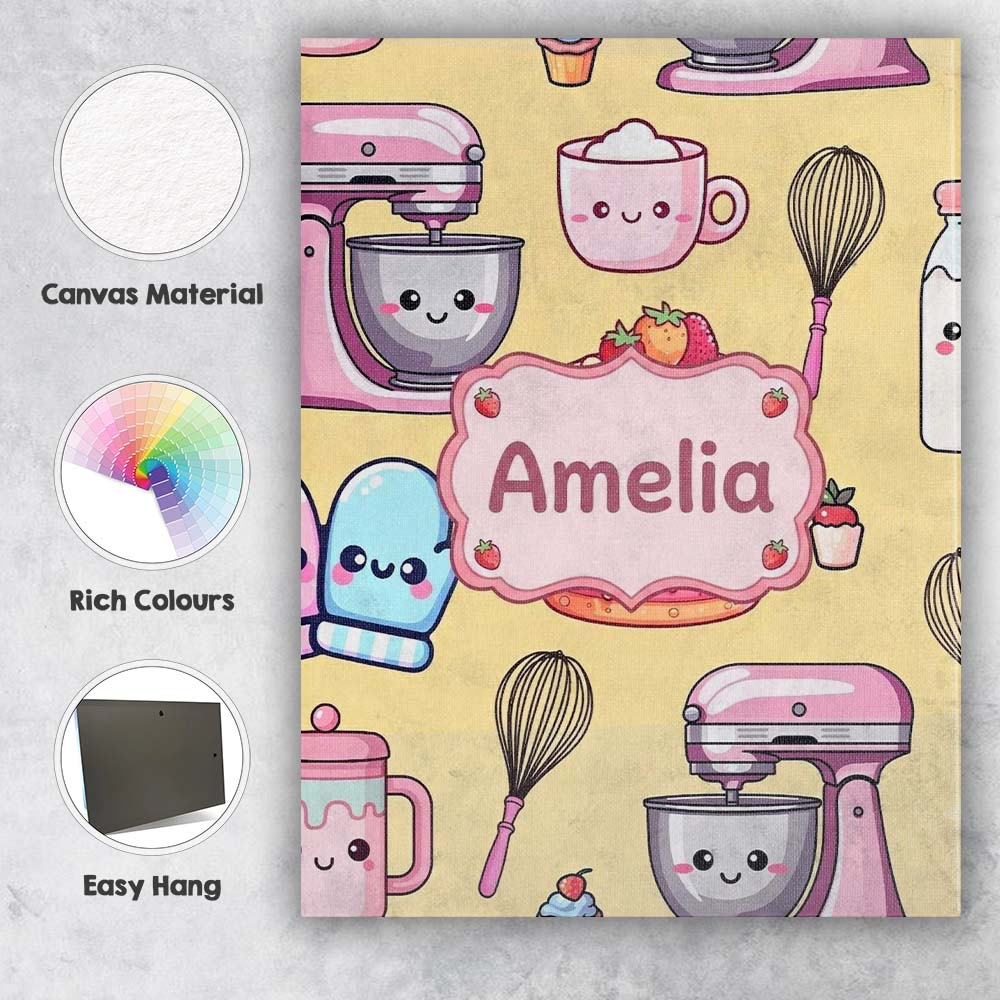Personalised Name Cute Kawaii Baking Cake Custom Unique Gift Idea Elegant Feature Canvas Wall Art Print Decor Picture Ready to Hang