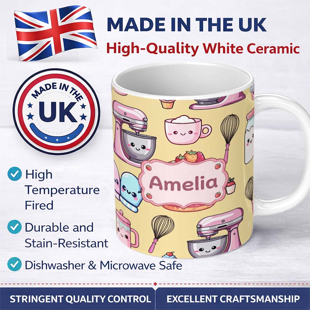 Personalized Custom Name Cute Kawaii Baking Cake Mixer Yellow Seamless Pattern Name Unique 11oz Ceramic Coffee Tea Mug White Large Handle