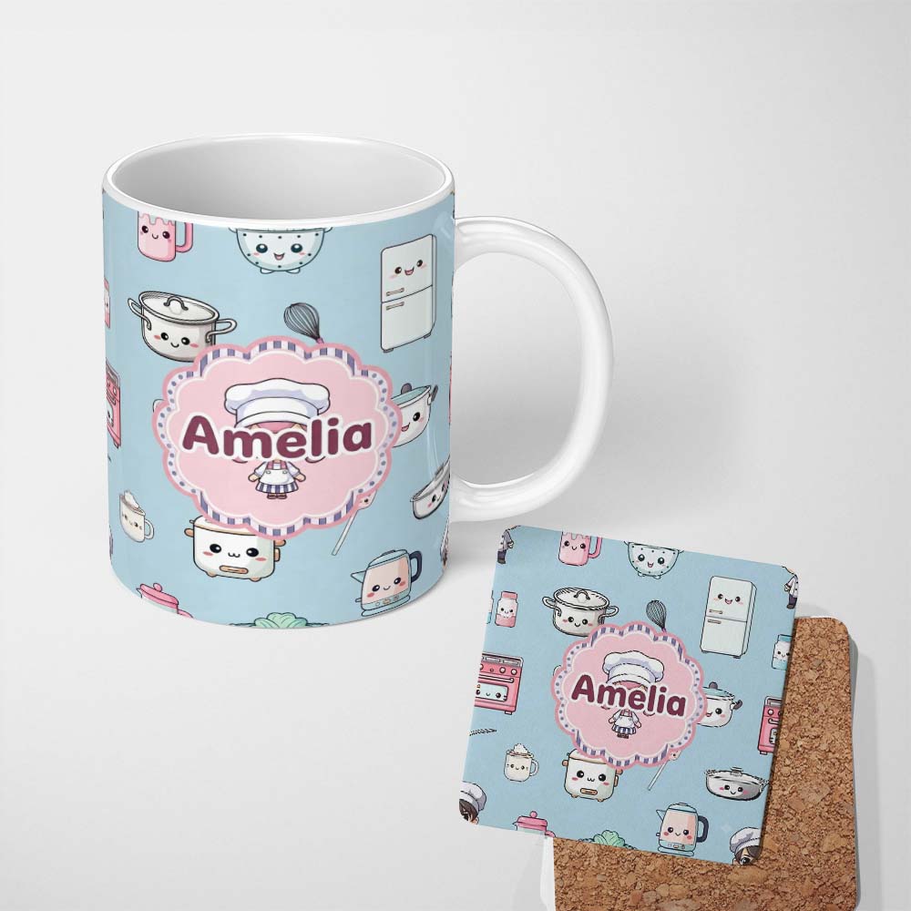 Personalized Custom Name Cute Kawaii Chef Girl Kitchen Utensils Seamless Pattern Name Unique 11oz Ceramic Coffee Tea Mug White Large Handle