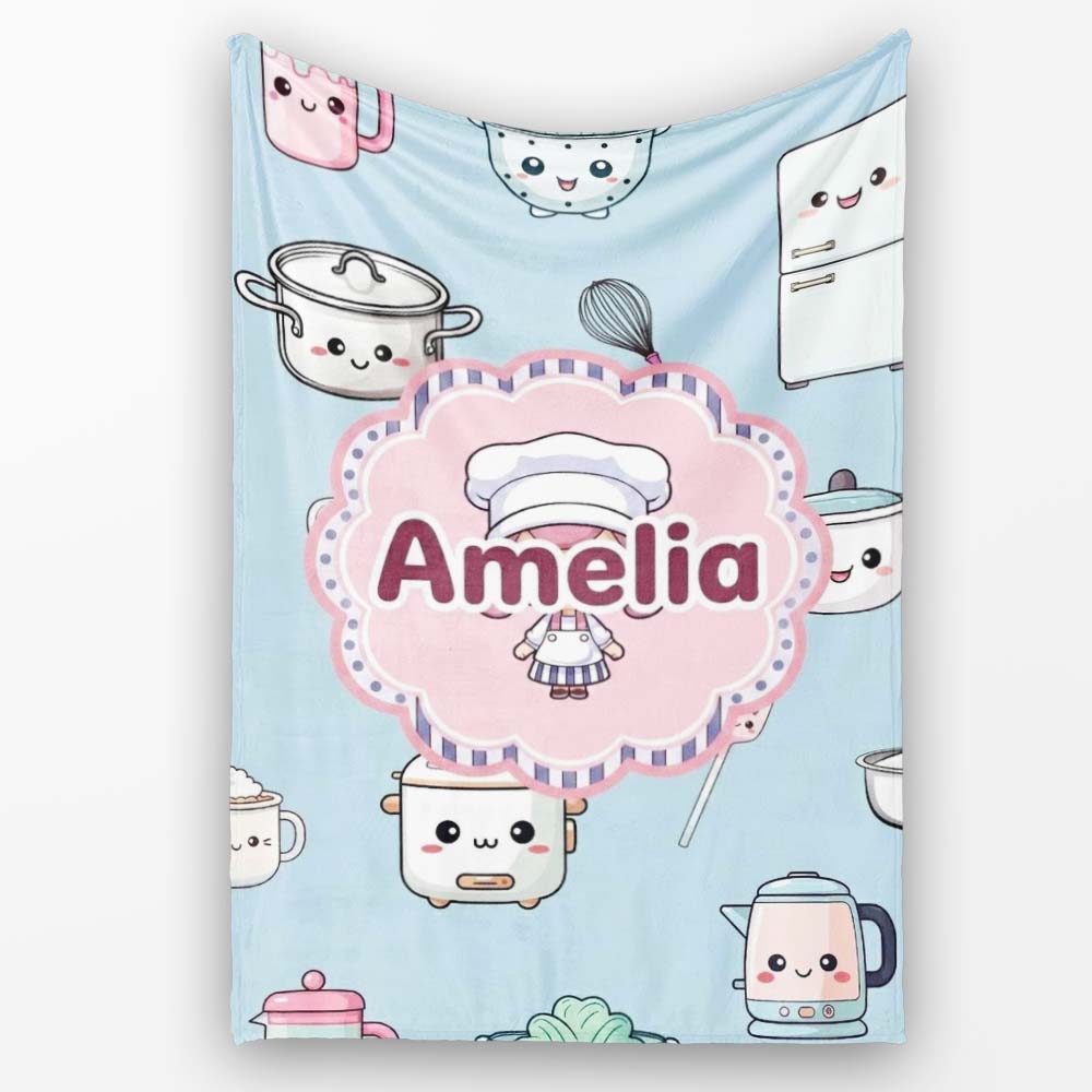 Cute Kawaii Chef Girl Utensils Seamless Pattern Name Unique Personalised Custom Name Super Soft Fleece Blanket Bed Sofa Throw