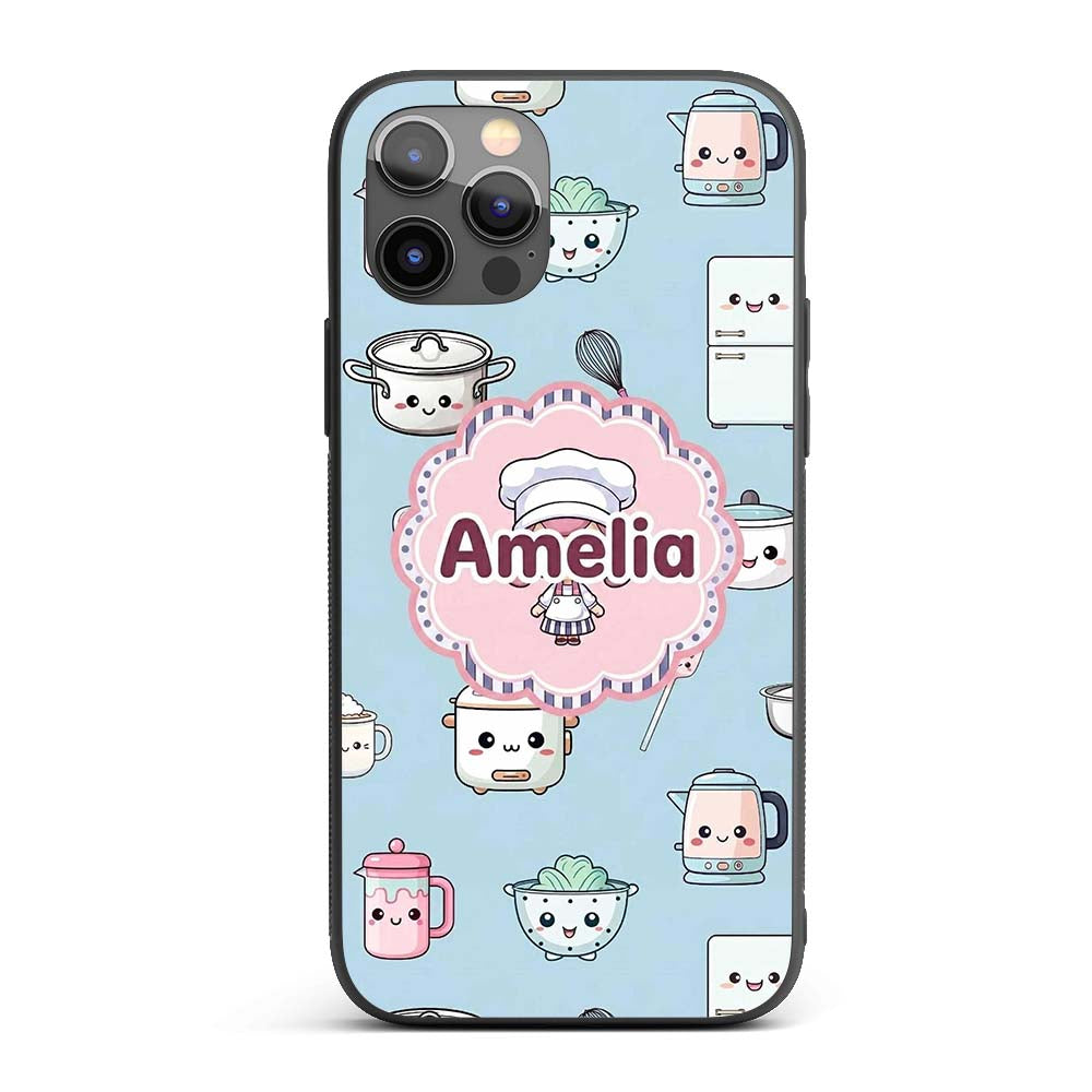 Cute Kawaii Chef Girl Utensils Seamless Pattern Custom Name Protective Phone Case Mobile Cover Durable Everyday Smartphone Shock Resistant