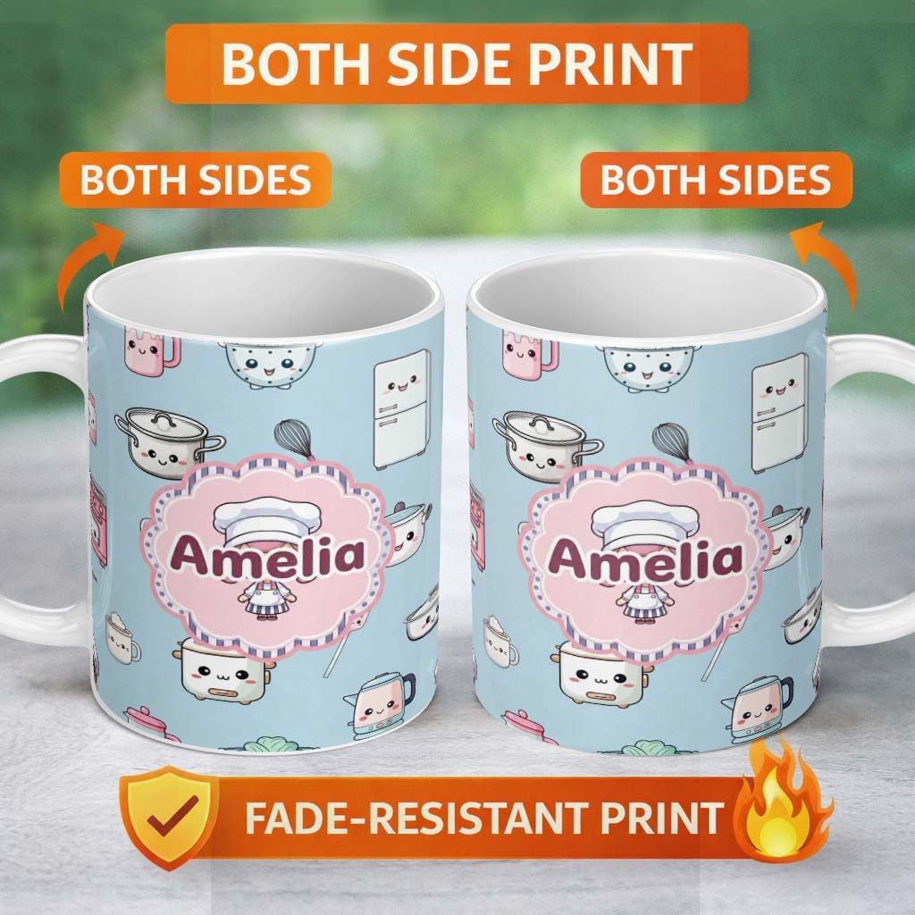 Personalized Custom Name Cute Kawaii Chef Girl Kitchen Utensils Seamless Pattern Name Unique 11oz Ceramic Coffee Tea Mug White Large Handle