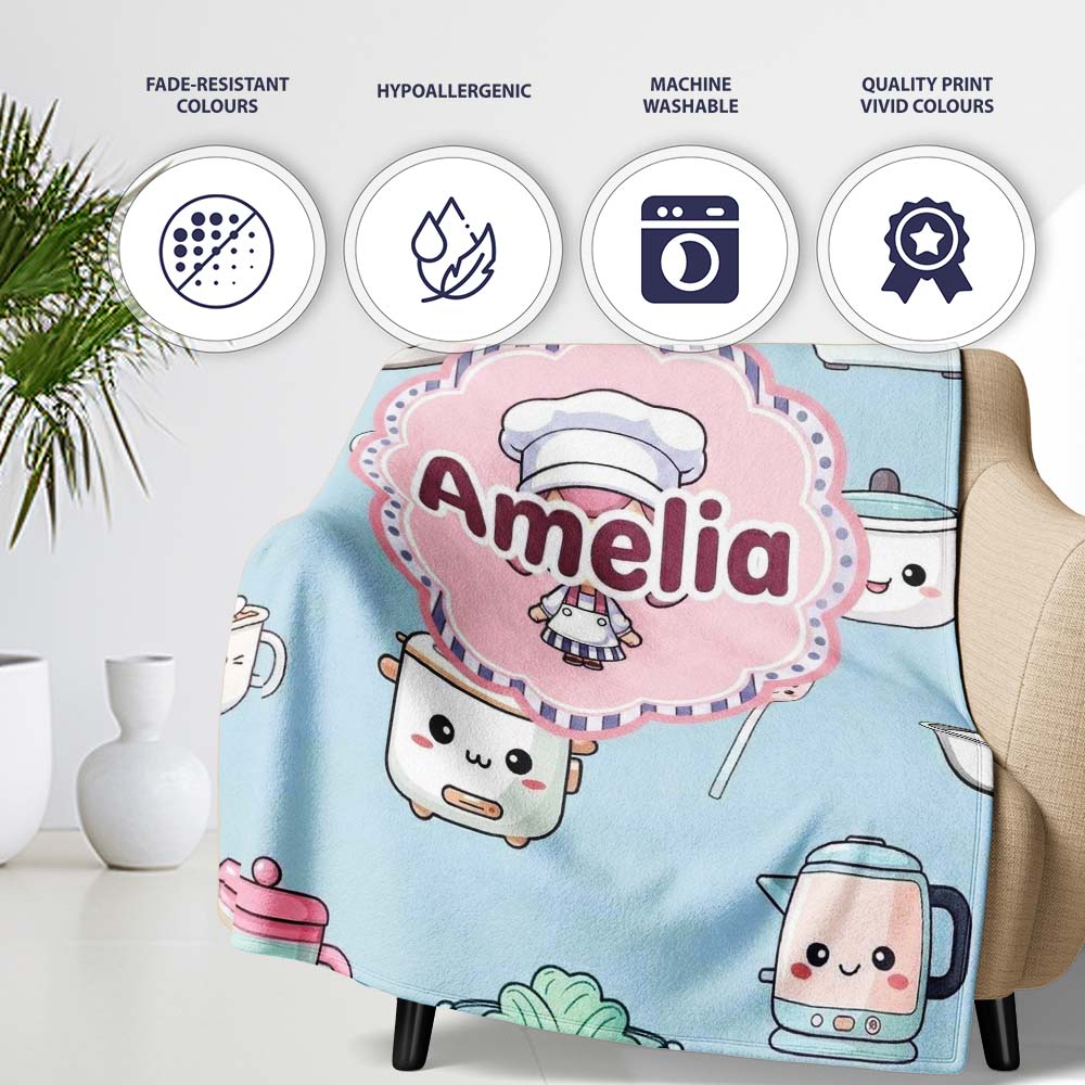 Cute Kawaii Chef Girl Utensils Seamless Pattern Name Unique Personalised Custom Name Super Soft Fleece Blanket Bed Sofa Throw