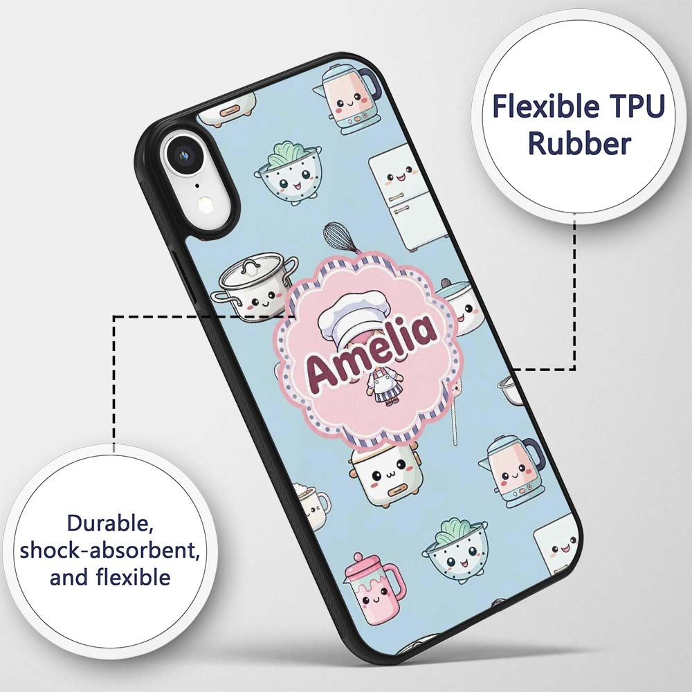 Cute Kawaii Chef Girl Utensils Seamless Pattern Custom Name Protective Phone Case Mobile Cover Durable Everyday Smartphone Shock Resistant