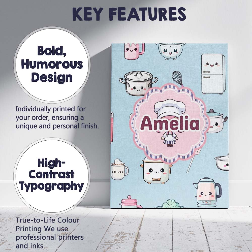 Personalised Name Cute Kawaii Chef Girl Custom Modern Room Accent Elegant Feature Canvas Wall Art Print Decor Picture Ready to Hang