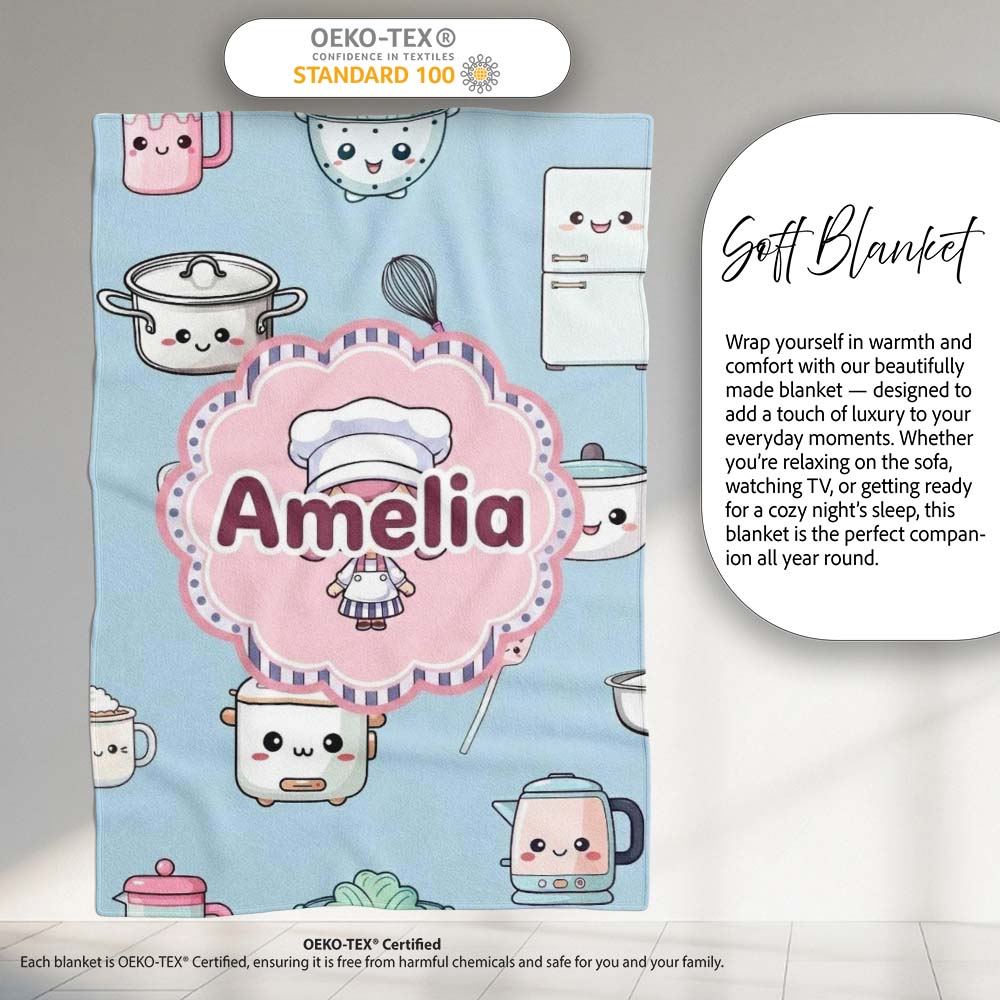 Cute Kawaii Chef Girl Utensils Seamless Pattern Name Unique Personalised Custom Name Super Soft Fleece Blanket Bed Sofa Throw