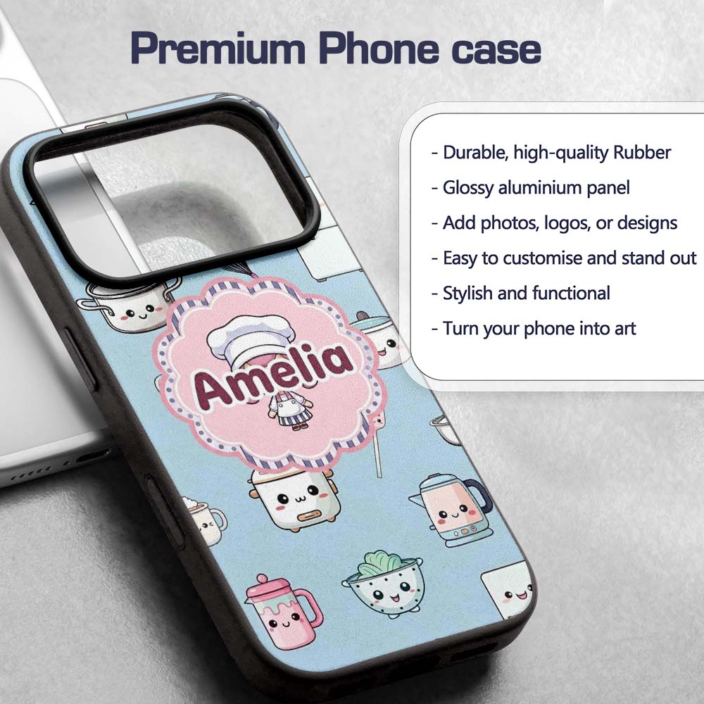 Cute Kawaii Chef Girl Utensils Seamless Pattern Custom Name Protective Phone Case Mobile Cover Durable Everyday Smartphone Shock Resistant