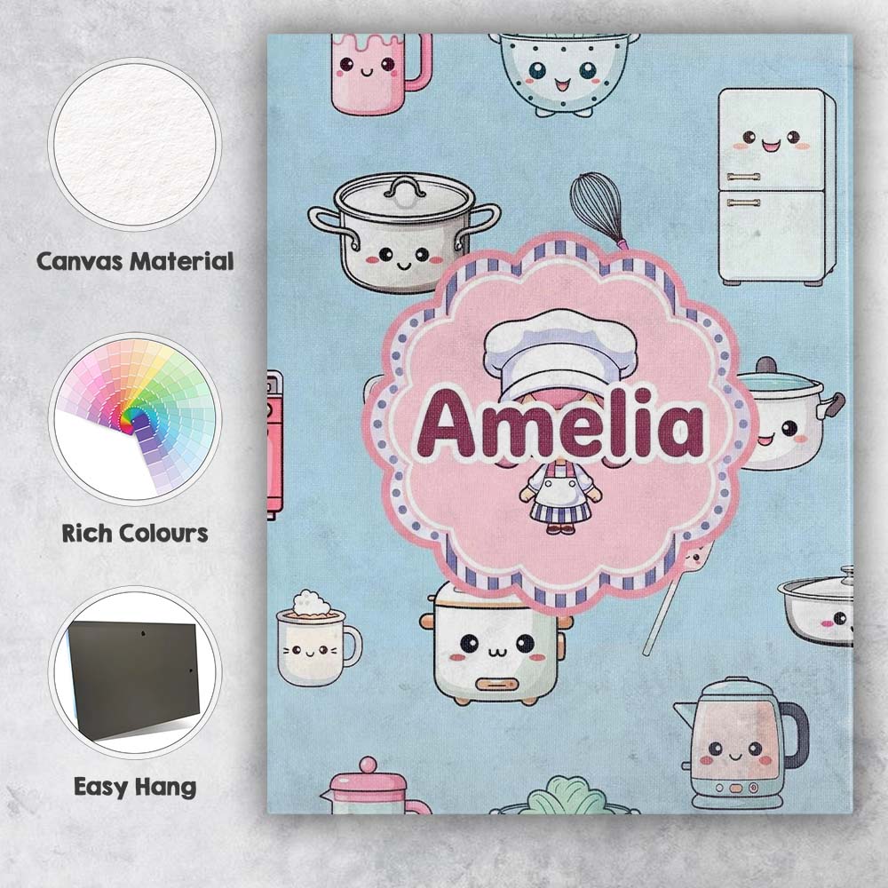 Personalised Name Cute Kawaii Chef Girl Custom Modern Room Accent Elegant Feature Canvas Wall Art Print Decor Picture Ready to Hang