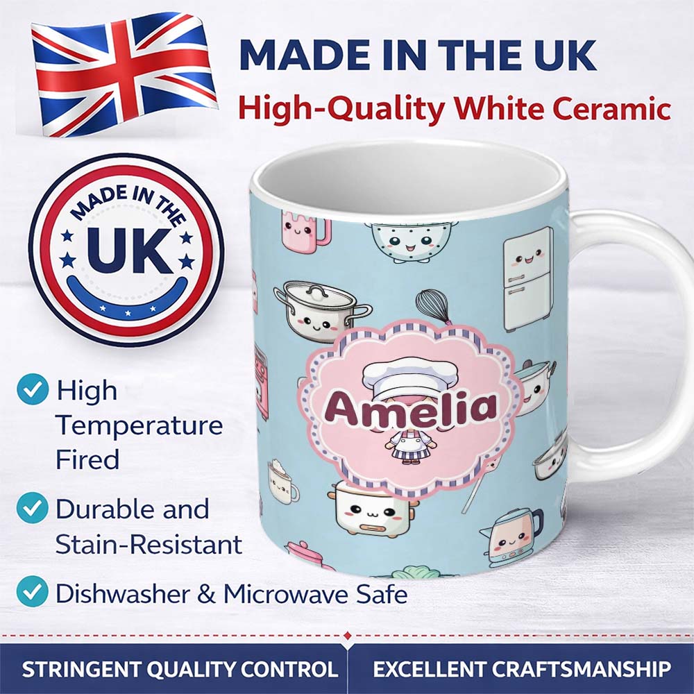 Personalized Custom Name Cute Kawaii Chef Girl Kitchen Utensils Seamless Pattern Name Unique 11oz Ceramic Coffee Tea Mug White Large Handle