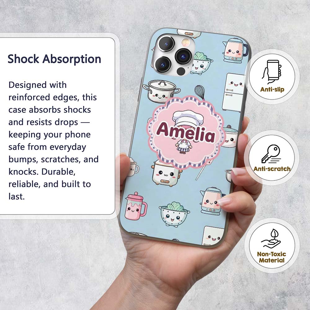 Cute Kawaii Chef Girl Utensils Seamless Pattern Custom Name Protective Phone Case Mobile Cover Durable Everyday Smartphone Shock Resistant
