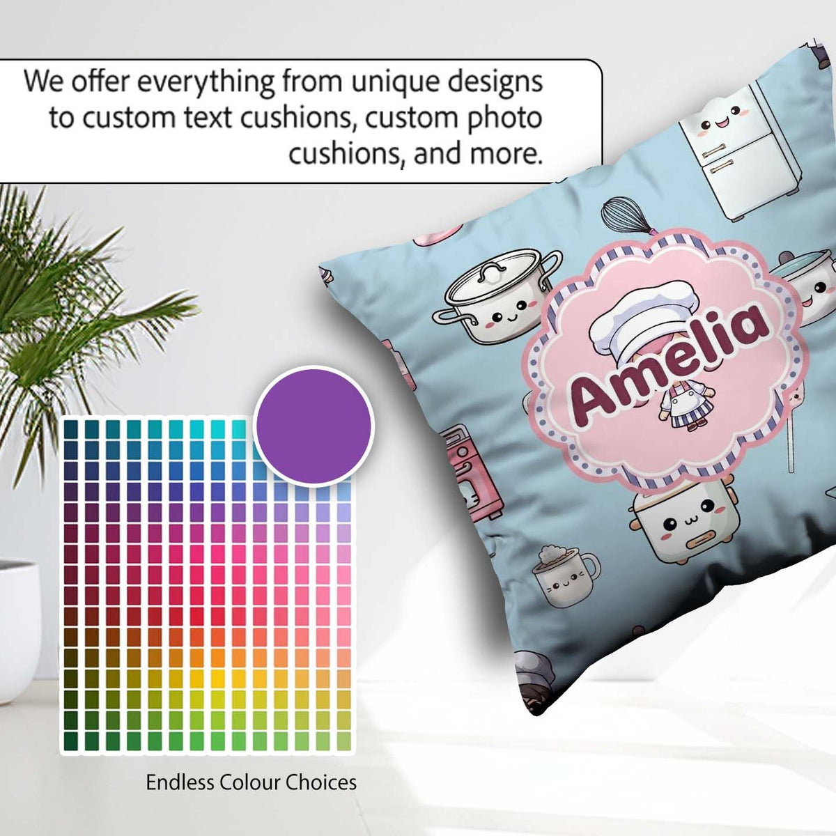 Custom Name Cute Kawaii Chef Girl Utensils Seamless Pattern Name Square Filled Cushion Throw Pillow Sofa Bed Home Decor Zip Washable UK Made