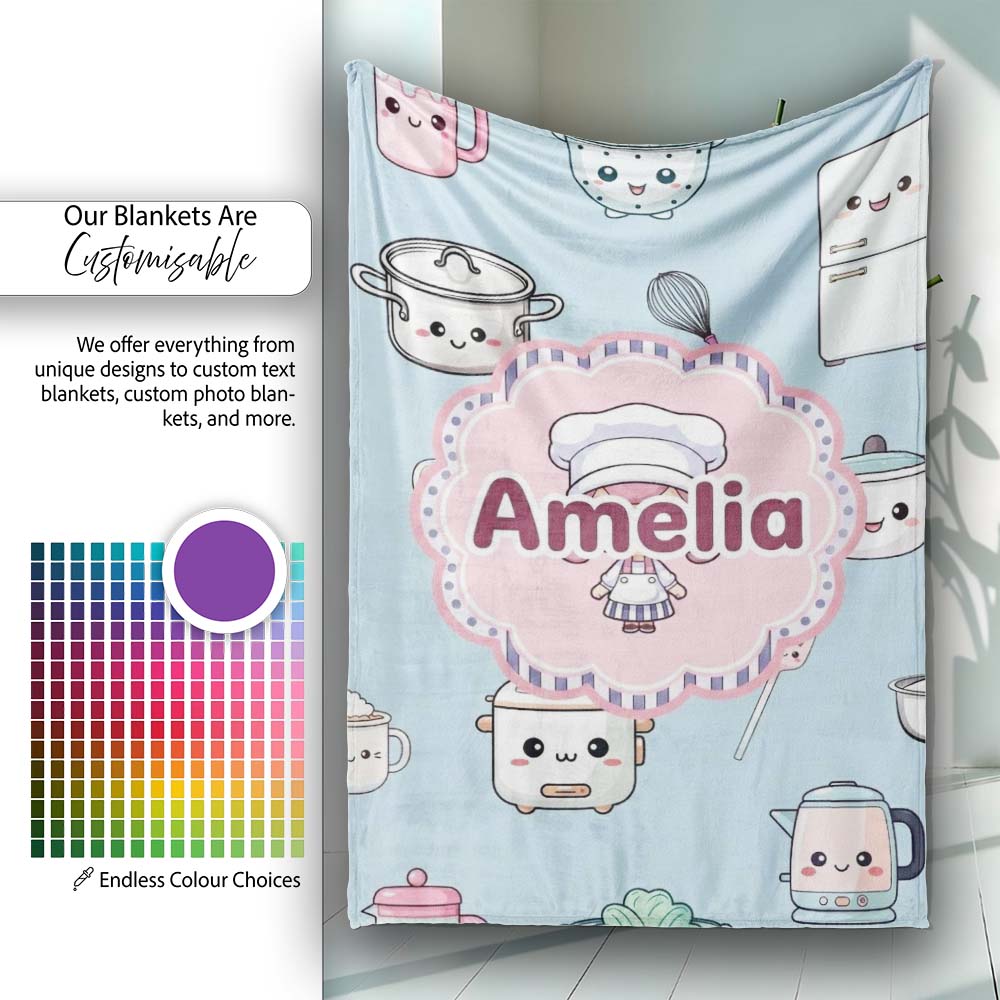 Cute Kawaii Chef Girl Utensils Seamless Pattern Name Unique Personalised Custom Name Super Soft Fleece Blanket Bed Sofa Throw