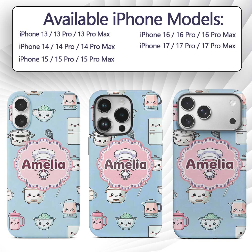Cute Kawaii Chef Girl Utensils Seamless Pattern Custom Name Protective Phone Case Mobile Cover Durable Everyday Smartphone Shock Resistant