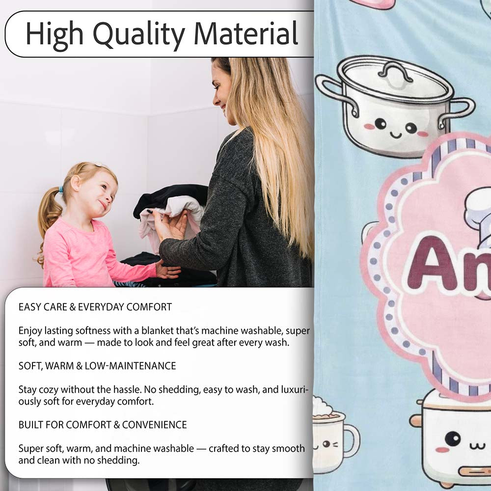 Cute Kawaii Chef Girl Utensils Seamless Pattern Name Unique Personalised Custom Name Super Soft Fleece Blanket Bed Sofa Throw