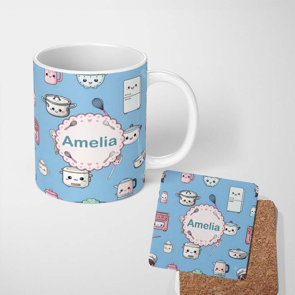 Personalized Custom Name Cute Kawaii Chef Girl Blue Kitchen Utensils Seamless Pattern Name 11oz Ceramic Coffee Tea Mug White Large Handle