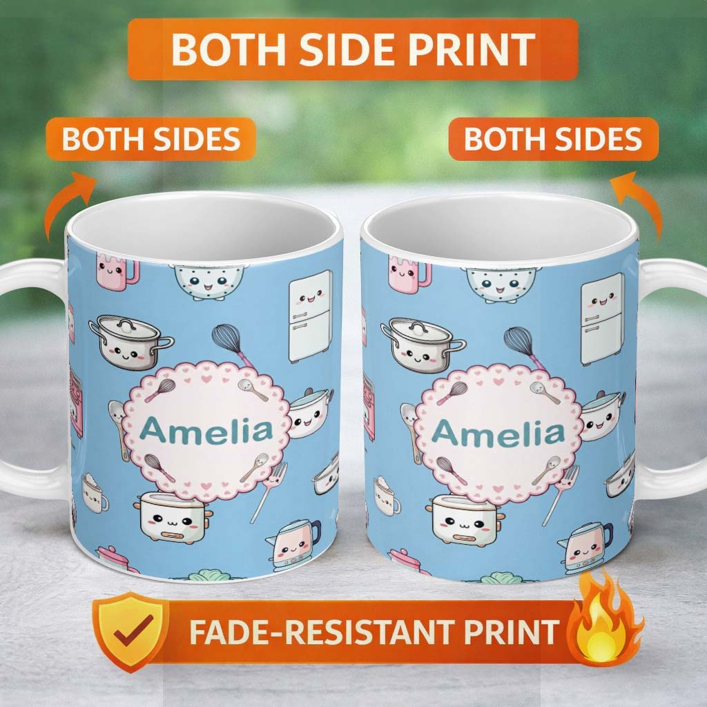 Personalized Custom Name Cute Kawaii Chef Girl Blue Kitchen Utensils Seamless Pattern Name 11oz Ceramic Coffee Tea Mug White Large Handle