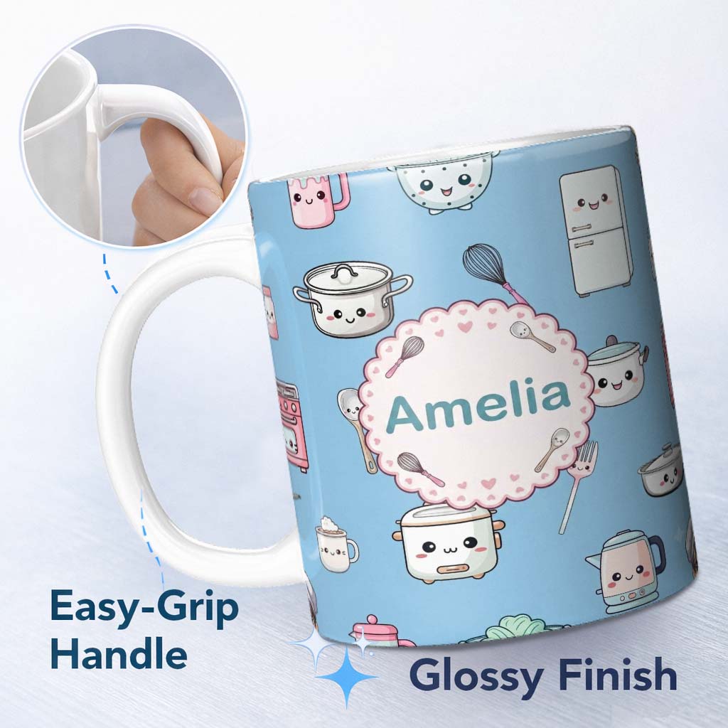 Personalized Custom Name Cute Kawaii Chef Girl Blue Kitchen Utensils Seamless Pattern Name 11oz Ceramic Coffee Tea Mug White Large Handle