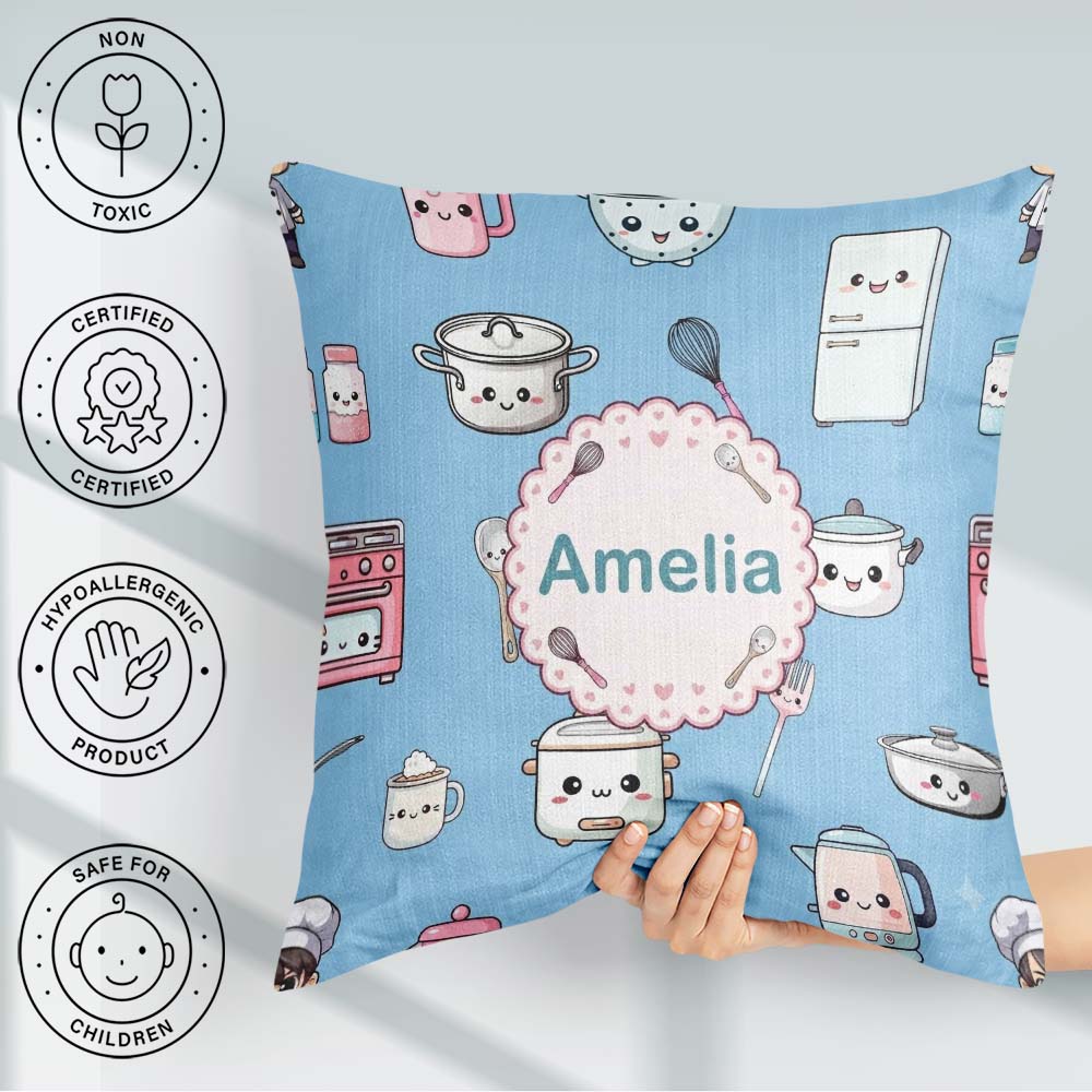 Custom Name Kawaii Chef Girl Blue Utensils Seamless Pattern Name Square Filled Cushion Throw Pillow Sofa Bed Home Decor Zip Washable UK Made